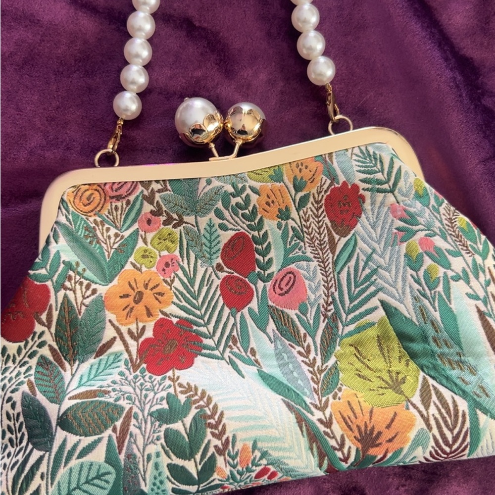 Floral Print Women's Bag with Pearl Handle